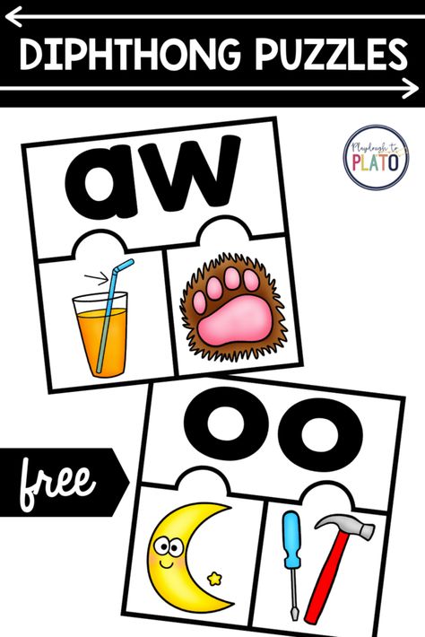 Free Diphthong Puzzles - Playdough To Plato Summer Tutoring Ideas, Kinder Literacy Centers, Vowel Teams Activities, Early Reading Activities, Tutoring Ideas, Literacy Centres, Playdough To Plato, New Year's Eve Activities, Cvc Words Kindergarten