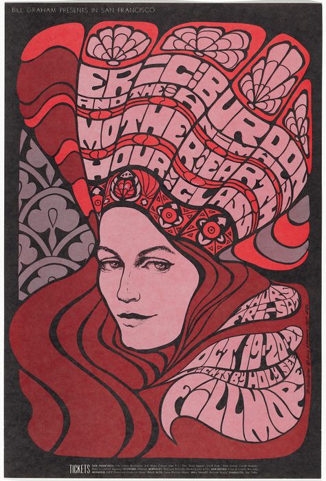 The Cost of Free Love and the Designers Who Bore It—Meet the Women of Psychedelic Design  “If I hear the phrase ‘Summer of Love’ one more time, I will scream.”  Words by Madeleine Morley Arte Hippy, Eric Burdon, 60s Art, Art Musical, Art Hippie, Vintage Concert Posters, Band Poster, Illustration Photo, Lynyrd Skynyrd