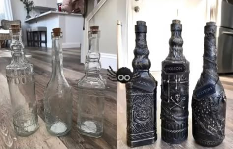 Halloween Wine Bottle Crafts, How To Make Potions, Gothic Crafts, Halloween Wine Bottles, Halloween Potion, Halloween Potion Bottles, Halloween Apothecary, Wiccan Crafts, Witch Bottles