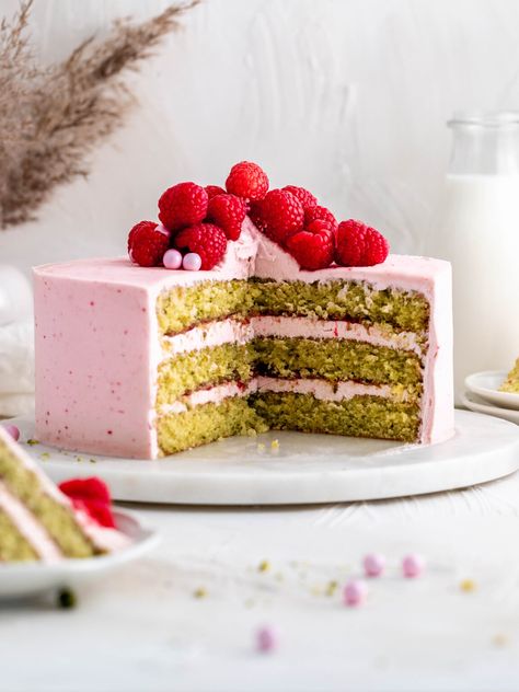 Raspberry Pistachio Cake - Julie Marie Eats Pistachio Cake Recipe, Raspberry Pistachio, Homemade Cake Mixes, Homemade Raspberry Jam, Spring Recipes Dessert, White Chocolate Buttercream, Layer Cake Recipes, Pistachio Cake, Raspberry Cake