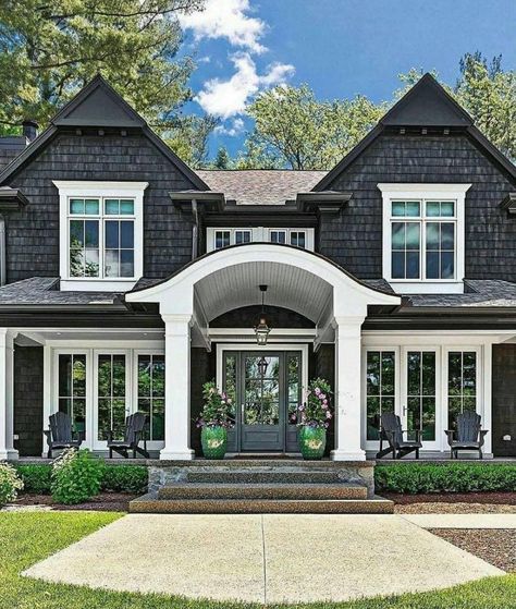 Black And White House, Exterior Home, House With Porch, West Michigan, Farmhouse Exterior, Exterior Paint Colors, Dream House Exterior, Exterior House Colors, House Goals