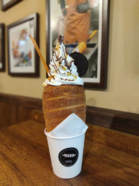 Chimney Cake Aesthetic, Hungarian Chimney Cake, Tsikhisdziri Georgia, Chimney Cake, Ice Cream, Cream, Cake