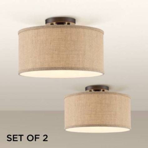 Adams Burlap Drum Shade Ceiling Lights Set of 2 - #10D27 | Lamps Plus Bronze Bedroom, Vancouver Condo, Guest Bedroom Remodel, Small Bedroom Remodel, Rustic Modern Farmhouse, Flushmount Ceiling Lights, Burlap Fabric, Modern Ceiling, Remodel Bedroom