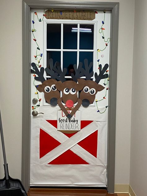 Rudolf Door Decorating, Reindeer Stable Office Decorations, North Pole Door Decorations, Reindeer Stable Door Decoration, Rudolph Door Decorating Ideas, Reindeer Classroom Door, Winter Door Decorations Classroom, Christmas Raindeer, Door Decoration Christmas