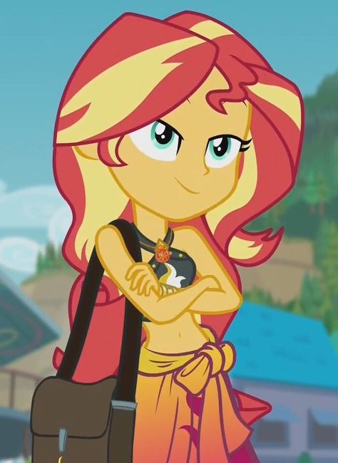 Sunset Shimmer Swimsuit, Sunset Shimmer Wallpaper, Sunset Shimmer Fanart, Shimmer Swimsuit, Sunset Shimmer Pony, Forgotten Friendship, Button Clothes, Crossed Arms, My Little Pony Equestria