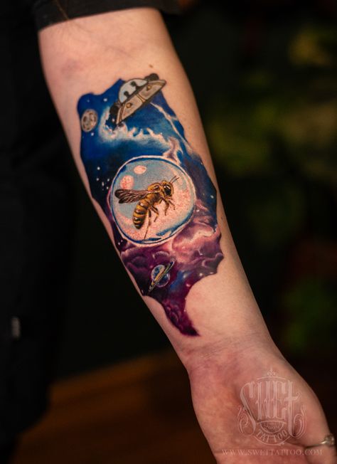 Come visit our tattoo studio and experience the greatest individual project yet - a tattoo of a bee in space with Rick Sanchez's spaceship - our recent artwork. It's a unique and out-of-this-world design that will surely make you stand out. Let us bring your vision to life with our talented artists and top-notch services. Don't miss out on this opportunity to get a one-of-a-kind tattoo that will leave everyone in awe.

Space tattoo Bee Rick and Morty Colorfull tattoo idea Tattoo Bee, Kind Tattoo, Rick Sanchez, Space Tattoo, Tattoo Idea, Rick And Morty, A Tattoo, In Space, Tattoo Studio