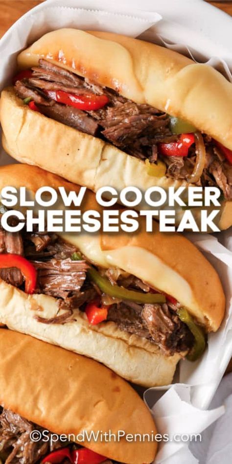 Crockpot Philly Cheesesteak sandwiches are a delicious homemade recipe. A beef roast is cooked in the slow cooker and served in a sub roll topped with provolone and peppers for an easy weeknight meal!  #spendwithpennies #crockpotphillycheesesteak #slowcooker #recipe #homemade #crockpot Slow Cooker Steak Sandwiches, Crockpot Philly Cheese Steak With Roast, Things To Make With Beef Roast, Meals With Beef Roast, Crockpot Steak Sandwiches, Chuck Roast Philly Cheese Steak, What To Do With A Beef Roast, Recipes With Beef Roast, Crockpot Philly Cheese Steak Easy