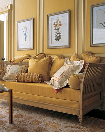 Gold Daybed Yellow Furniture, Dining Room Paint, Yellow Sofa, Yellow Curtains, Yellow Room, Yellow Living Room, Yellow Walls, Mellow Yellow, Wall Color