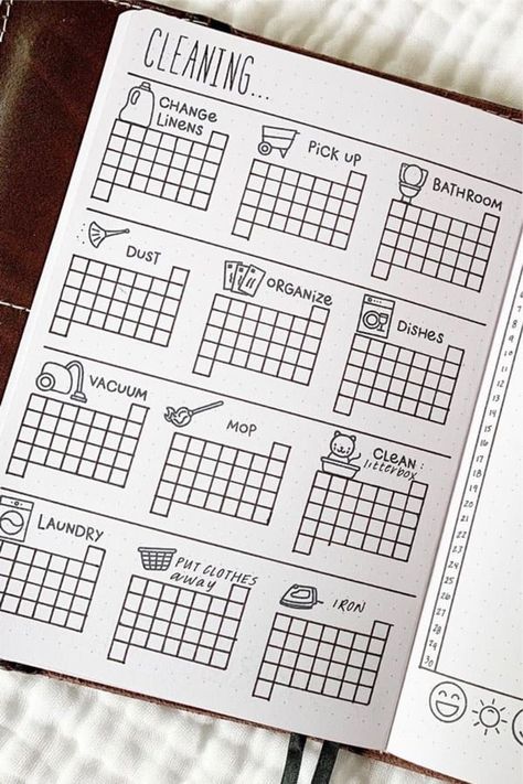 Looking for a way to track your chore schedule in your bullet journal!? Check out these awesome cleaning trackers for inspiration! #bujo #bujotracker #bulletjournal #bujolayouts Bujo Trackers Ideas, Bullet Journal Hobby Tracker, Journal Ideas Cleaning, 75 Hard Bullet Journal, Dot Journal Page Ideas, Bullet Journal Tracker Ideas Layout, Bullet Journal Page Ideas Layout, Cleaning Tracker Bullet Journal, Bullet Journal Yearly Tracker