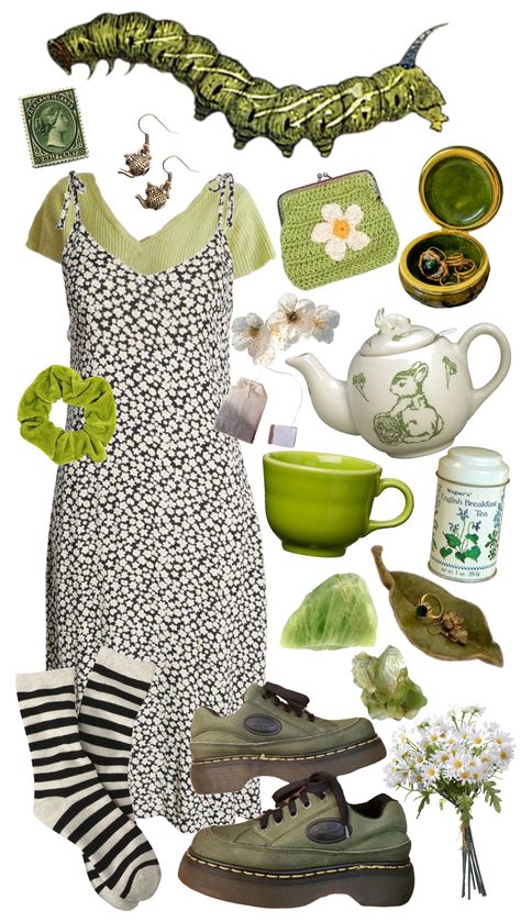 outfit inspo, outfit ideas, whimsical, cottagecore, goblincore, light academia, dark academia, grunge, emo, boho, artsy, whimsigoth, goth, funky, cool girl, femme, maximalist, earthy Whimsical Outfit Aesthetic, Aesthetic Cottagecore Outfits, Emo Boho, Tea Party Outfit, Cottage Core Clothes, Maximalist Outfit, Green Caterpillar, Core Clothes, Dark Academia Grunge