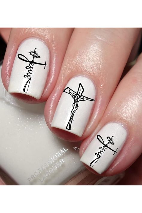 Jesus Cross Nail Art Decal Sticker Christmas Nails With Cross, Floral Nails Wedding, Jesus Nails Designs, Jesus Nails, Whimsical Nail Art, Cross Nail Art, Fancy Black Dress, Season Nails, Cross Nails