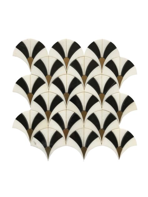 The materials used are a wonderful blend of thassos and mother of pearl materials, which give the waterjet tiles their subtle elegance. Black And Gold Mosaic Tile, Art Deco Backsplash Kitchen, Art Deco Kitchen Tile, Boho Bathroom Tile, Classic Black And White Bathroom, Art Deco Backsplash, Art Deco Floor Tiles, Black And White Vintage Bathroom, Fan Tile