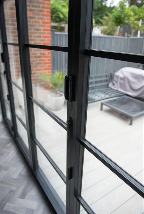 Smart Crittall Inspired / Industrial Style French Doors | GFD Homes Crittal Doors External, Crittal Doors Extension, Crittall Doors, Crittal Doors, Aluminium French Doors, Reeded Glass, Black Windows, Solid Doors, English Heritage