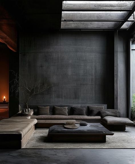 Dark Brutalist Interior, Black Wabi Sabi Interior, Dark Moody Minimalist Living Room, Dark Wabi Sabi Bedroom, Wabi Sabi Dark Interior, Wellness Dark Aesthetic, Dark Interior Design Living Room, Dark Interior Aesthetic, Dark Minimalist Interior Design