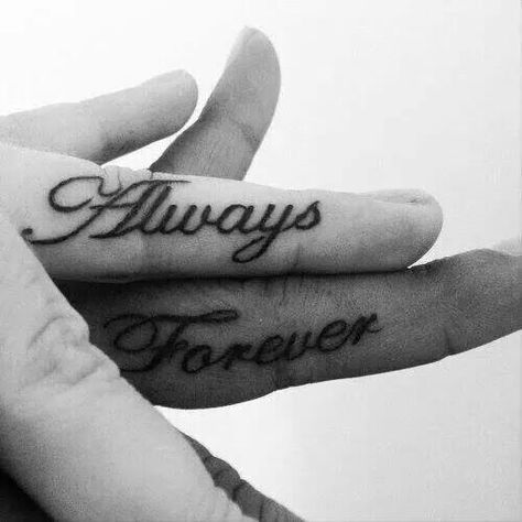 Always and forever. Couples tattoo. Finger tattoo. Small tattoo Tattoo Husband, Husband And Wife Tattoos, Husband Wife Tattoos, Inner Finger Tattoo, Marriage Tattoos, Finger Tattoos For Couples, Wife Tattoo, Forever Tattoo, Cute Couple Tattoos