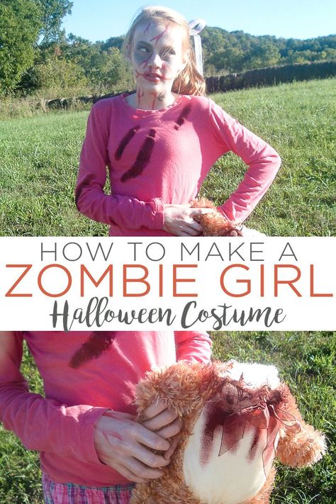 Learn how to make a zombie girl costume that is perfect for Halloween! This teen costume is both inexpensive and easy to make! #halloween #halloweencostume #zombie #teens Zombie Diy Costume Kids, Diy Zombie Clothes, Zombie Girl Costume, Diy Zombie Costume, Girl Zombie Costume, Zombie Costume Kids, Vampire Costume Diy, Diy Girls Costumes, Pirate Costume Diy