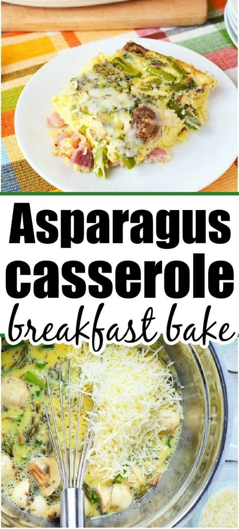 Easy egg asparagus casserole recipe! A cheesy egg bake that is great with leftover ham too. Perfect breakfast bake to start the morning. Asparagus Breakfast Casserole, Cheesy Asparagus Casserole, Ham Egg Bake, Overnight Egg Casserole, Bacon Egg Bake, Asparagus Breakfast, Asparagus Casserole Recipes, Quick Casserole Recipes, Cheesy Asparagus