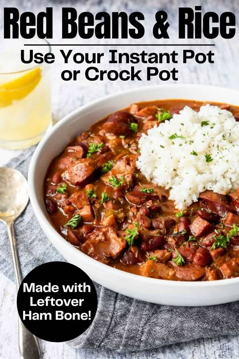 Use your leftover ham bone (hock or shank) to make amazing Red Beans and Rice in your Instant Pot or Crock Pot! Ham, sausage, and red beans cook in a thick and savory Cajun Gravy, serve over white rice! Red Beans Ham Hock Crock Pot, Red Beans And Rice Recipe Crockpot Ham Hock, Red Beans With Ham Hock, Red Beans And Rice With Ham Hock, Red Beans And Rice Instant Pot, Crockpot Red Beans And Rice, Cajun Gravy, Red Beans And Rice Recipe Crockpot, Red Beans And Rice Recipe Easy