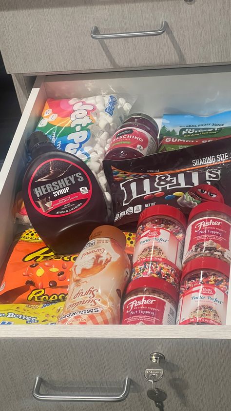 Drawer full of candy and ice cream toppings Snack Drawer In Bedroom Aesthetic, Candy Organization, Candy Drawer Organization, Candy Drawer, Snack Drawer In Bedroom, Snack Drawer Organization, Bedroom Snack Station, Snack Drawer, Hershey Syrup