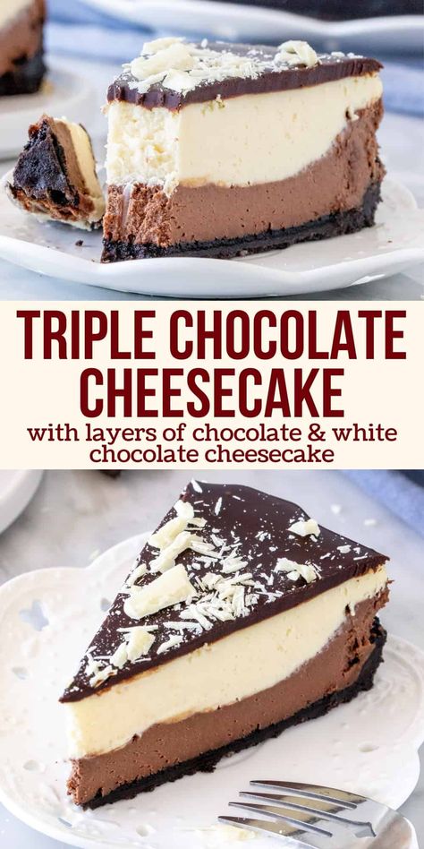 This layered chocolate cheesecake is extra decadent with a thick Oreo cookie crust, a layer of chocolate cheesecake and a layer of white chocolate cheesecake. The layers make it look  impressive, and you truly get the best of both worlds when it comes to chocolate. #chocolate #cheesecake #layered #whitechocolate #oreocrust #cookiecrust #best #recipe #triplechocolate from Just So Tasty Cheesecake Recipes White Chocolate, Chocolate Layer Cheesecake, Layered Chocolate Cheesecake, Cheesecake Layered Cake, Cheesecake Recipes Easy Chocolate, Cheesecake Recipes With Chocolate, Happy Birthday Cheesecake, Triple Chocolate Cheesecake Recipe, Chocolate Truffle Cheesecake