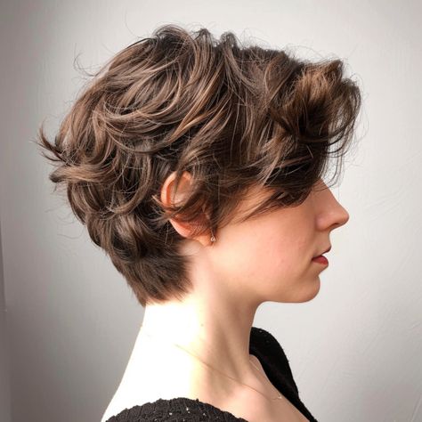 Wavy Pixie with Rounded Back Long Pixie Haircut For Curly Hair, Short Hair Longer On Top, Womens Curly Short Haircut, Wavy Pixie With Bangs, Short Wavy Haircuts Pixie, Short Pixie Haircuts Blonde, Shaggy Pixie Cuts For Fine Hair, Pixie Haircut For Thick Wavy Hair, Long Bob Pixie Haircut