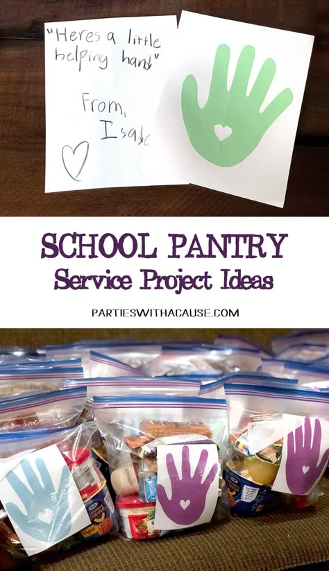 Looking for service project ideas for kids? Try collecting food donations for the school pantry program! No hungry kids is the goal and with community support every child can learn with a full stomach. Find out more at PartiesWithACause.com #serviceproject #foodpantry #fooddrive #kids #schoolpantry School Charity Ideas, Group Service Project Ideas, Food Bank Ideas, Service Learning Projects For Elementary, Service Project Ideas, Food Pantry Donations, Packing Party, Food Donations, School Donations