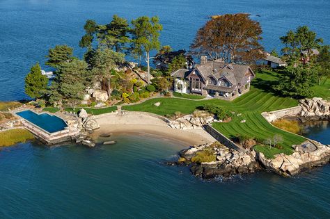 Living on an island in Connecticut? The owners of this Norwalk Islands home live at the residence all year. They commute by boat to New York. (Photo: Stefen Turner) Island House, Dream Beach, Island Living, Island Home, Private Island, Island Life, Aerial View, Vacation Spots, Connecticut