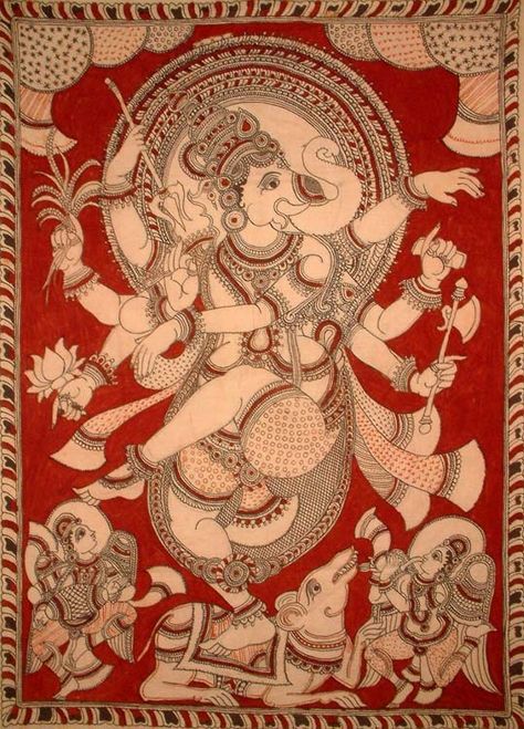 Kalamkari Ganesha Painting, Kalamkari Ganesha, Indian Deities, Dancing Ganesha, Cosmic Dance, Ancient Indian Art, Kalamkari Painting, Goddess Durga, Ganesh Art