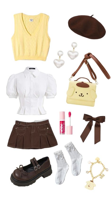 Pompompurin Outfit Inspired Sanrio Outfits Pompompurin, Pompompurin Outfit Ideas, Pompompurin Inspired Outfit, Pompompurin Backpack, Sanrio Inspired Outfit, Pompompurin Cosplay, Pompompurin Outfit, Pompompurin Aesthetic, Sanriocore Outfits