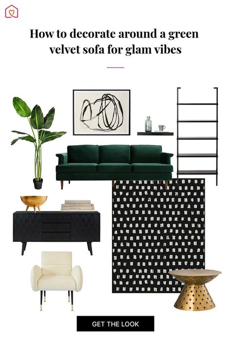 Have a green velvet sofa and want to decorate around it? Get inspired with this design ideas created by our design expert. DIY or connect with expert designer to recreate this look for your living room. Click here to get the look. #furniture #livingroomdecor #furnitureofamerica #pillows #livingroom #interiordesign #cardib #xcellafurniture #livingroominspo #sofa #homedecor #decor #home #interiors #livingroomdesign #homestyle #greenvelvetsofa #velvetsofa #greensofa #glamlivingroomdesignidea Green Velvet Sofa Living Room Ideas Modern, Hunter Green Couch Living Room Ideas, Contemporary Luxe Living Room, Emerald Green And Black Living Room, Green Black And Gold Living Rooms, Green Black And White Living Room, Black White And Green Living Room, Emerald Green Sofa Living Room Ideas, Charleston Bungalow