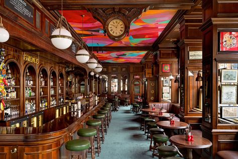 The 28 best pubs in London | CN Traveller Pub Interior Design, Pub Ideas, Oak Parquet Flooring, Pub Interior, Carved Chairs, British Pub, Best Pubs, Wallpaper Ceiling, Gas Lamp