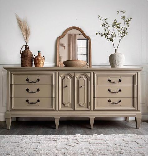 Brown Paint Furniture, Neutral Color Dressers, Tan Dressers Bedroom, Dresser Paint Colors Ideas, 2023 Dresser Trends, Tv Stand Color Ideas Paint, Painted Tv Stand Ideas, Colored Dressers Bedroom, Taupe Dresser Painted Furniture