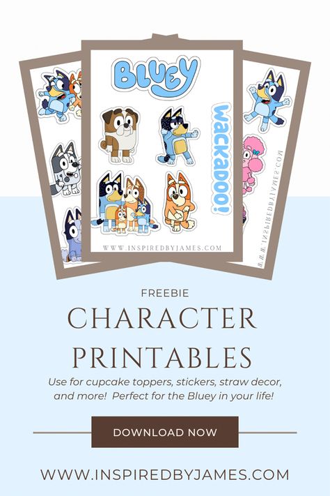 FREE Bluey Character Printables|| www.inspiredbyjames.com || #birthdayparty #diydecoration #blueybirthdayparty #bluey #freebie Printable Bluey Characters, Bluey Oh Biscuits, Free Printable Bluey Invitations, Bluey Cupcake Toppers Free Printable, Bluey Birthday Party Printables Free, Bluey Food Labels Printable Free, Bluey Character Cutouts, Bluey Party Food Labels Free Printable, Pin The Tail On Dad Bluey