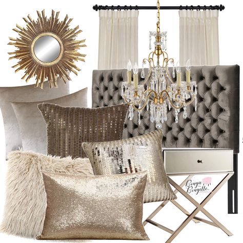 Glam Pillows Living Rooms, Grey Gold White Bedroom, Silver And Gold Bedroom Ideas, Silver And Gold Bedroom Decor, Neutral Glam Bedroom, Neutral Master Bedrooms Decor, Bougie Bedroom, Glam Bedroom Decor Luxury, Champagne Bedroom Ideas