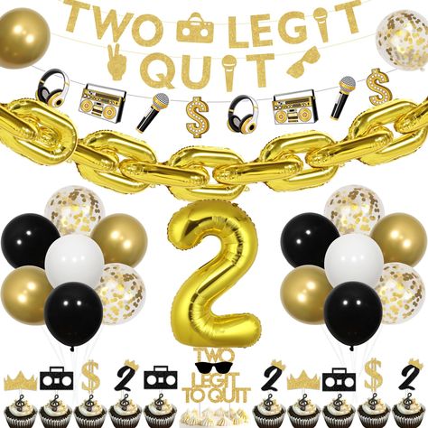 PRICES MAY VARY. 【Enjoy your two legit to quit birthday】 Featuring a banner and a cake topper with the phrase "Two Legit to Quit" in bold black and gold letters, perfect for celebrating a second birthday with an 80s and 90s theme. The set also includes number "2" foil balloons adding vibrant color and drawing attention. 【Unique hip pop design】 This set features classic hip hop-themed decor like crowns, sunglasses, walkman, microphone, headset and golden chain foil balloons, perfect for capturing Two Legit To Quit, Two Legit To Quit Birthday Theme Boy, Two Legit To Quit Birthday, Birthday Decorations Black, Microphone Headset, Twin Birthday Parties, 90s Theme, Cake Banner Topper, Twin Birthday