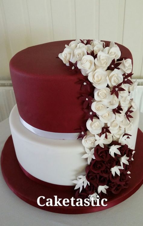 2 tier ivory and burgandy wedding cake with ivory and burgandy roses cascading Wedding Cake Designs Maroon, Burgundy Wedding Cake 2 Tier, Wedding Cake Maroon, Burgundy Cakes, Wedding Cakes 2 Tier, Cakes 2 Tier, Wedding Cakes Maroon, 2 Tier Wedding Cakes, Wedding Motif