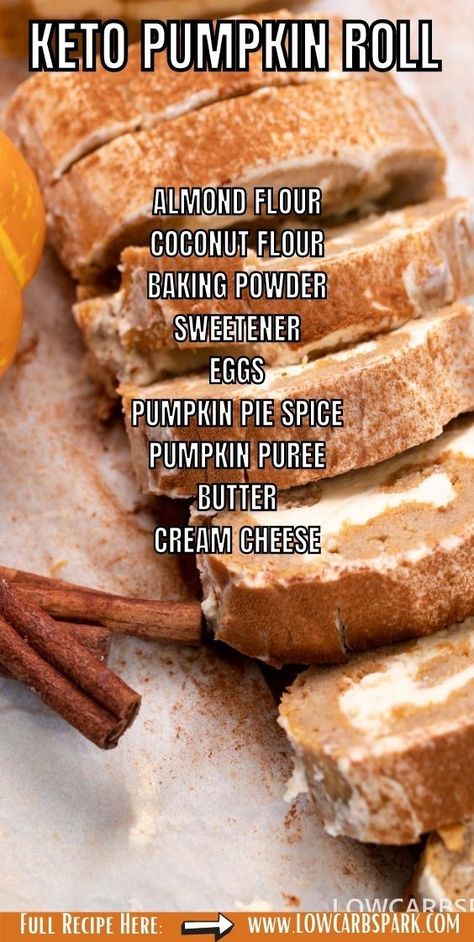 This keto pumpkin roll is one of my favorite autumn dessert recipes. Loaded with pumpkin spices, make the best sugar-free pumpkin roll that is gluten-free, low in carbs, and super quick with just a few ingredients. Low Carb Pumpkin Roll Recipe, Keto Pumpkin Roll With Cream Cheese, Keto Pumpkin Snickerdoodle Cookies, Autumn Keto Recipes, Keto Pumpkin Cinnamon Rolls, Keto Fall Recipes, Keto Pumpkin Roll, Autumn Dessert Recipes, Pumpkin Keto