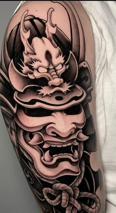 Samurai Oni Mask Tattoo, Oni Samurai Tattoo, Samurai Mask Tattoo Design, Samurai Head Tattoo, Tattoo Dark Work, Japanese Hannya Mask Tattoo Design, Hanya Mask Tattoo Design, Hannya Mask Tattoo Design, Mascara Hannya