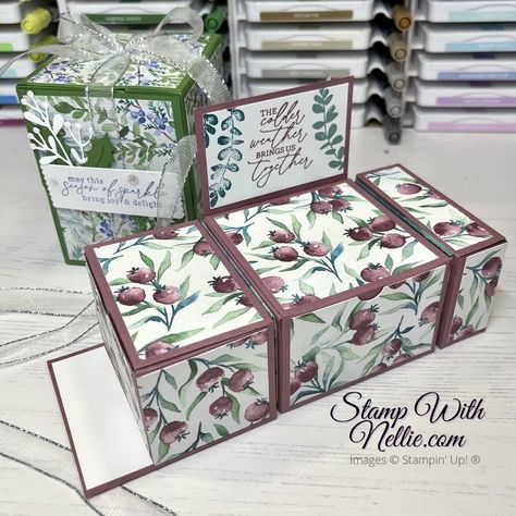 Winter Meadow 3 in 1 gift box - tutorial - Stamp with Nellie Little Christmas Gifts, Treat Boxes Diy, Scrapbook Paper Organization, Christmas Treats Holders, Fancy Fold Card Tutorials, Christmas Boxes, Gift Box Template, Punch Board, Fold Cards