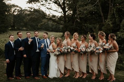 Sarah and Justin's Navy and Champagne Woodsy Wedding Day | Oregon Wedding Photographer Navy And Champagne Bridal Party, Navy And Champagne Wedding Colors, Navy Champagne Wedding, Champagne And Blue Wedding, Navy Wedding Colors, Champagne Wedding Colors, Taupe Wedding, Bridal Parties Colors, Champagne Bridesmaid Dresses