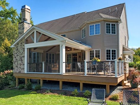 Porch / Deck - West Chester, PA - Keystone Custom Decks Stone Porches, Custom Porch, Outdoor Wood Fireplace, Vintage Porch, Porch Addition, Dream Deck, Patio Deck Designs, Outdoor Patio Designs, Deck Porch