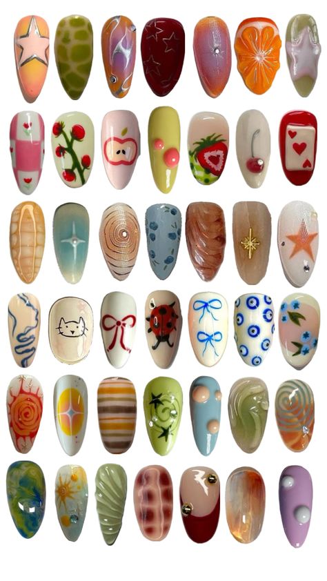 Arty Nail Ideas, Tacky Nail Art, Kitschy Nail Art, Simple But Funky Nails, Deep Colored Nails, Nail Inspo Board, Garbo Core Nails, Nail Art Very Short Nails, Tokyo Nails Street Styles