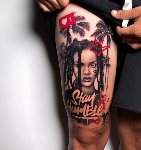 #tattoo #tattooideas #rihanna #tattooart #legtattoos Rihanna Portrait Tattoo, Rihanna Tattoo Ideas, Rhianna Tattoos, Tattoo Rihanna, Hop Tattoo, Hip Hop Tattoo, Rihanna Tattoo, Circular Tattoo, Arm Sleeve Tattoos For Women