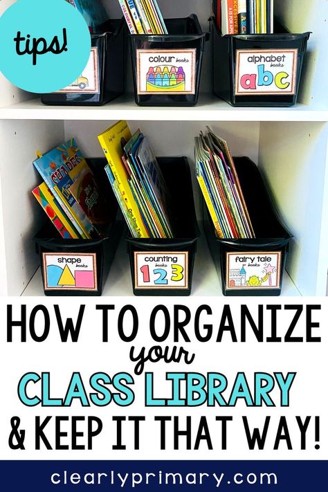 Learn how to organize your classroom library and keep it that way! Tips for organizing books in your classroom and how to set up your class library in 1st and kindergarten. Ideas like using book bins with labels, teaching classroom library rules and expectations and keeping it fresh. Click through to get ideas to set up and organize your classroom library today! Free Book Labels For Classroom Library, Classroom Library Bookshelves, Organizing Classroom Library 1st Grade, Classroom Library Organization Kinder, Organizing Books In Classroom, Kindergarten Classroom Supply Organization, Preschool Library Center Set Up, 2nd Grade Library Set Up, Book Bin Labels Free Classroom Libraries