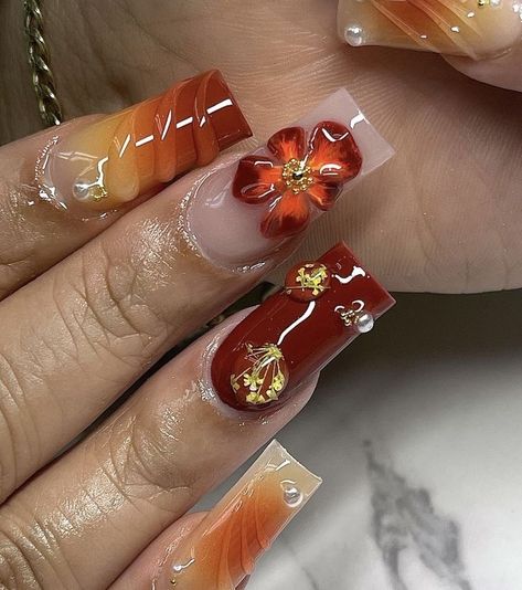 Dominican Nails, Red Orange Nails, College Nails, Adorable Nails, Hippie Nails, Airbrush Nails, Cute Simple Nails, Girly Acrylic Nails, Her Nails