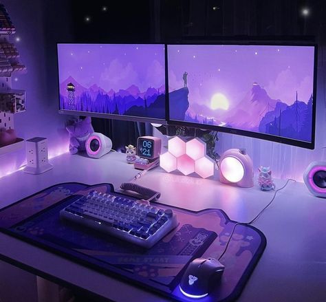 Purple And Black Pc Setup, Blue And Purple Pc Setup, Comfy Pc Setup, Black And Purple Setup, Gaming Room Setup Black, Purple Set Up, Purple Office Aesthetic, Purple Gamer Setup, Purple Pc Setup