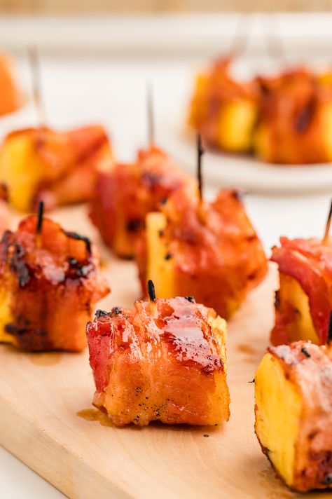 These bacon wrapped pineapple bites are a super easy and tasty treat you can whip up for any occasion! Copycat Drink Recipes, Bacon Wrapped Pineapple, Velveeta Recipes, Ritz Cracker Recipes, Campbells Soup Recipes, Pineapple Recipe, Healthy Egg Recipes, Veal Recipes, Breakfast Bread Recipes