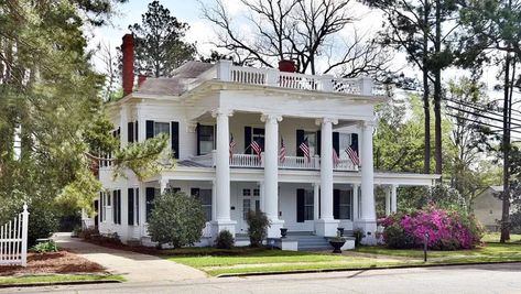 Greek Revival Home, Historic Homes For Sale, Heart Pine Flooring, White Marble Floor, Fluted Columns, Antebellum Homes, Marble Floors, Old Houses For Sale, Snoopy Quotes