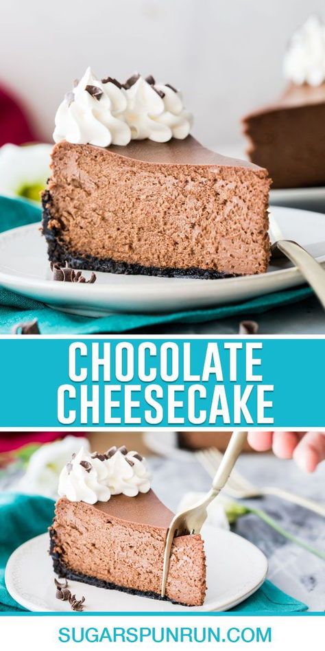 My insanely popular classic cheesecake recipe gets a dark and dreamy twist in today’s decadent chocolate cheesecake recipe! Smooth, creamy, and super simple, there’s no water bath needed and it takes less then 30 minutes to prep! Chocolate lovers: this one is for you! Recipe includes a how-to video! Easy Cheesecake Recipes No Water Bath, No Water Bath Cheesecake Recipe, No Water Bath Cheesecake, Easy Chocolate Cheesecake Recipes, 10 Inch Cheesecake Recipe, 9 Inch Cheesecake Recipe, Cheesecake Recipes No Water Bath, Bday Cheesecake, Chocolate Cheesecake Recipe Easy