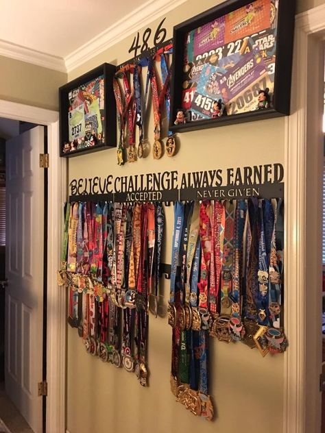 Really cool run disney medal display! Run Disney Medal Display, Running Medal Display Ideas The Wall, Wrestling Medal Display Ideas Diy, Treadmill Room, Medal Display Ideas, Gym Squat Rack, Bib Display, Race Medal Displays, Medals Display